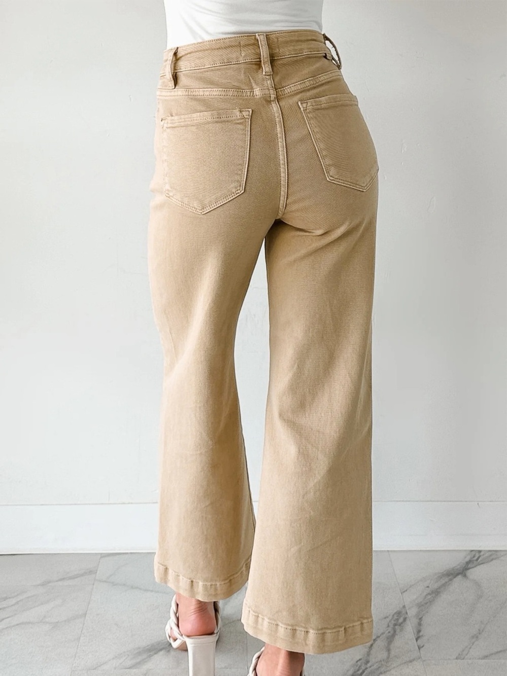 ♥️Hello Gorgeous! Tan/Khaki Wide Leg Cropped Jeans High-Waist Sizes 4-12 - Picture 5 of 11